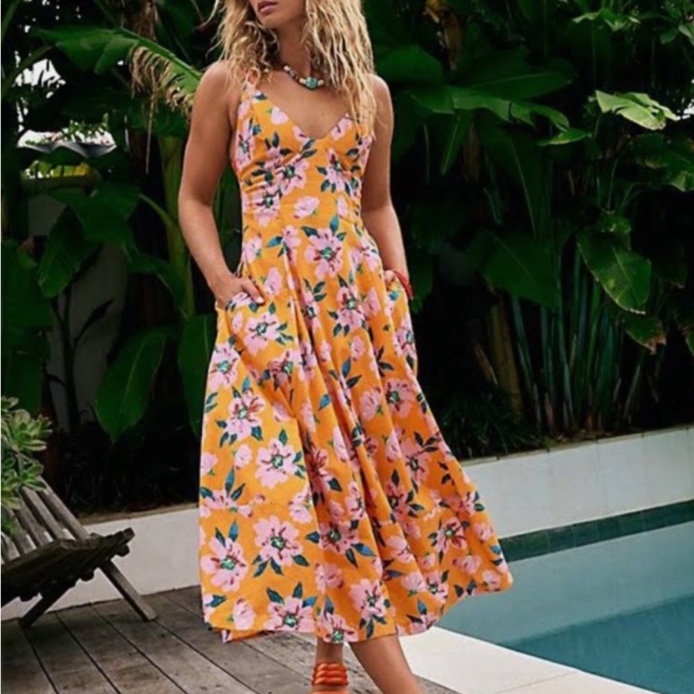 Free People Finer Things Printed Midi Maxi Dress Sunshine Size L Pockets